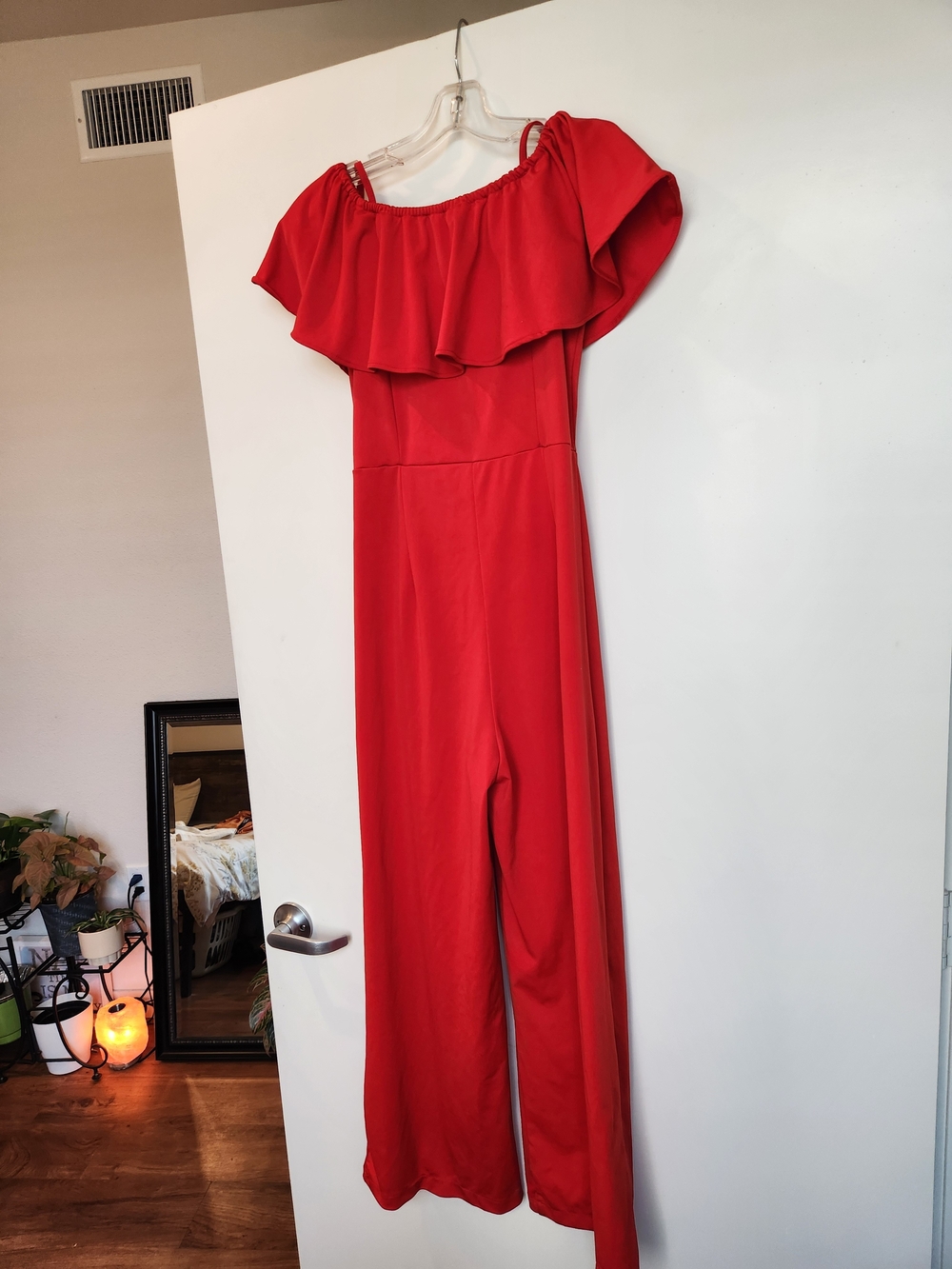 Red Off-Shoulder Ruffle Jumpsuit
